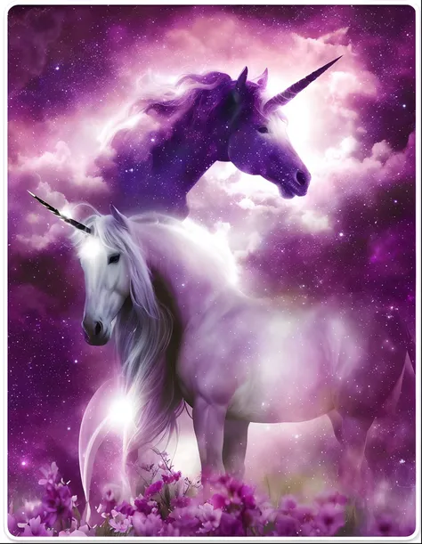 Unicorns and unicorns in a field of flowers in purple sky, unicorns, unicorn, A unicorn, white unicorn, mythological creatures, mythological creatures, cinematic ligh《tusks》Unicorn in , a mythical creature, unicorn flying in the sky, Glory to the magic wit...