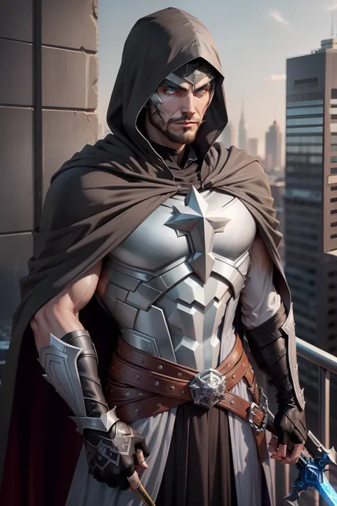 European and American cartoon style，super heroes, sneak，Long silver-gray cloak, Silver-trimmed black hood,With a sword in his hand， eventide, Cold, Light blue eyes, on top of building, vigilante, Handsome，conservative clothing,, Light silver armor, highly ...