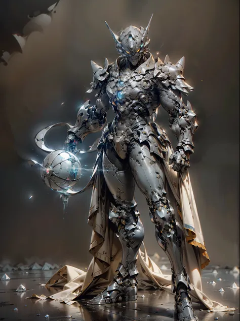 Ghost armor holding huge ice wand, male mage, ice blue armor all over, super cool ghost mage, wearing ice blue cloak, huge staff, glowing magic ball, magic pose, tall, glowing eyes, with mask, tall figure, perfect body proportions, looking up, super detail...