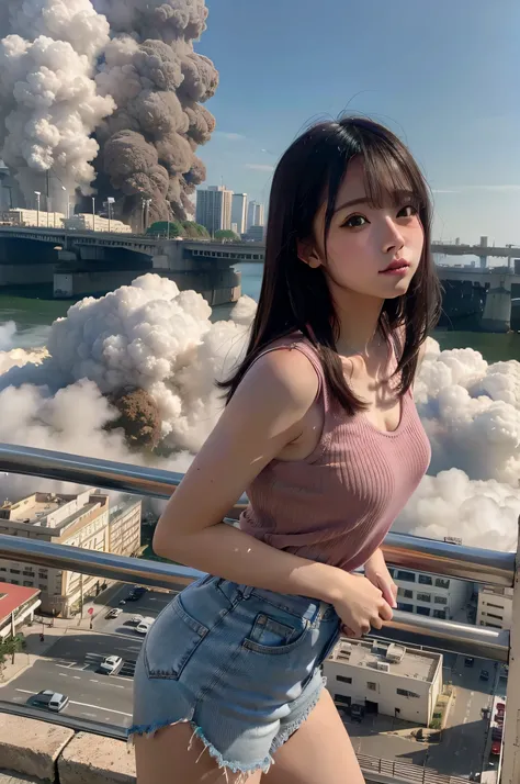 Giantess usando camisola branca, GTS cidade, City buildings, smoke billowing, nuvem, Evil, realistic lighting, salto alto, de baixo,