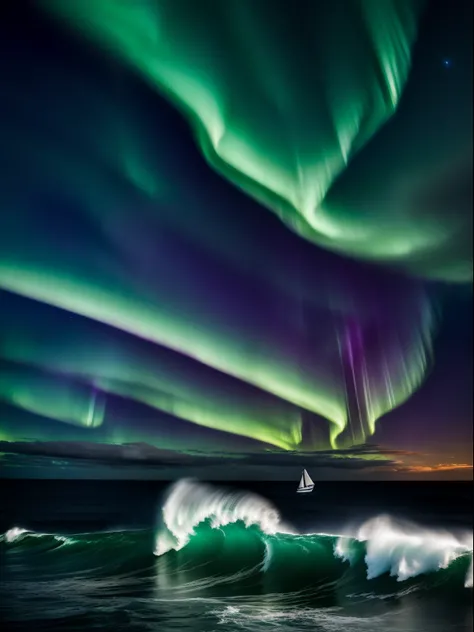 storm, Sateen, Ocean with waves with a small sailing yacht on a wave in the sky, northern lights, He looked into the distance, Realistic, Ultra photo realsisim, Hyper-cinematic, Ultra photo