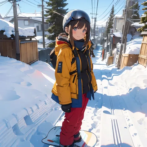 masutepiece, Best Quality, 8K_Wallpaper, (Beautiful eyes), ((Snow is piled up)), Cute, (Yellow Wear、Outerwear is blue、Red pants), (Slopes with large trees),1girl in,small tits,1 schoolgirl、Smile,(Nothing but snow)、(((Snow as far as the eye can see)))、Ski r...