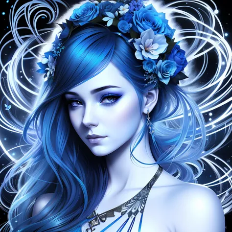 Drawing of a woman with blue hair and flowers in her hair, neoartcore and charlie bowater, beautiful gorgeous digital art, gorgeous digital art, stunning art style, Beautiful digital art, beautiful gemini good and evil, Azure. detailed hairs, blue aura, go...