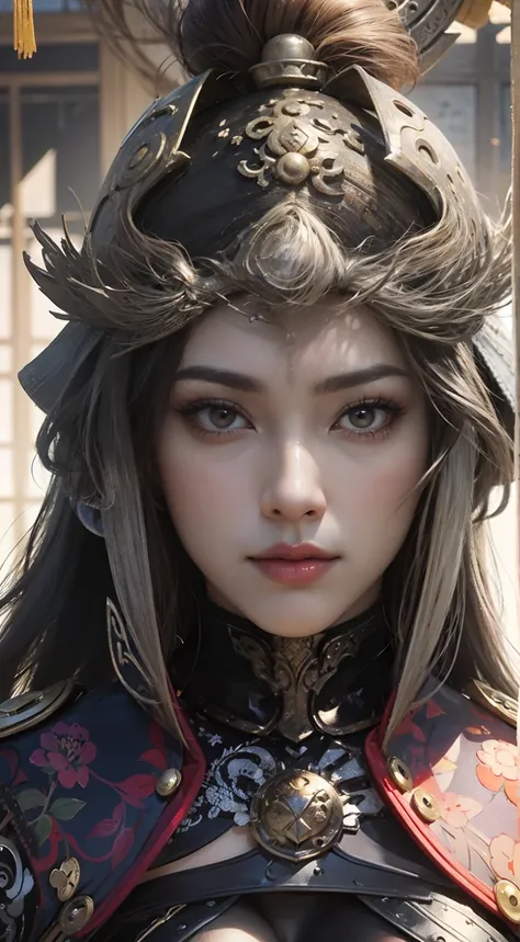 Ancient Chinese architecture，Female warriors in national style，Wear revealing armor，Simple clothing， Minimalist style，Mixed Chinese and American races，The background is blurred out，focal，Cowboy shot，电影灯光，(((tmasterpiece))), ((best qualtiy)), ((Complex and ...