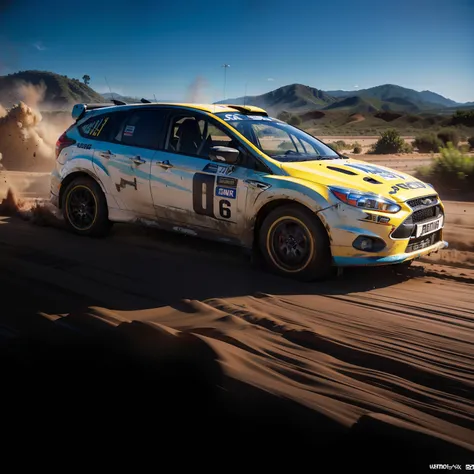 "Ford Focus Rally configuration, Intense action, adrenalinefilled, Mud splashes, High-speed stimulation, Rally cars fly in the dirt, Powerful engine roar, Precise operation, Dynamic angles, dust cloud, Sharp, A race against time."