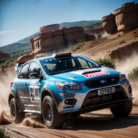 "Ford Focus Rally configuration, Intense action, adrenalinefilled, Mud splashes, High-speed stimulation, Rally cars fly in the dirt, Powerful engine roar, Precise operation, Dynamic angles, dust cloud, Sharp, A race against time."