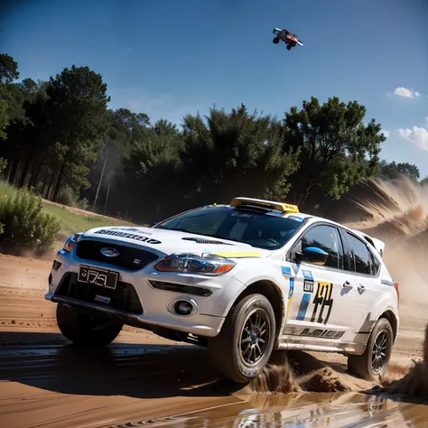 "Ford Focus Rally configuration, Intense action, adrenalinefilled, Mud splashes, High-speed stimulation, Rally cars fly in the dirt, Powerful engine roar, Precise operation, Dynamic angles, dust cloud, Sharp, A race against time."