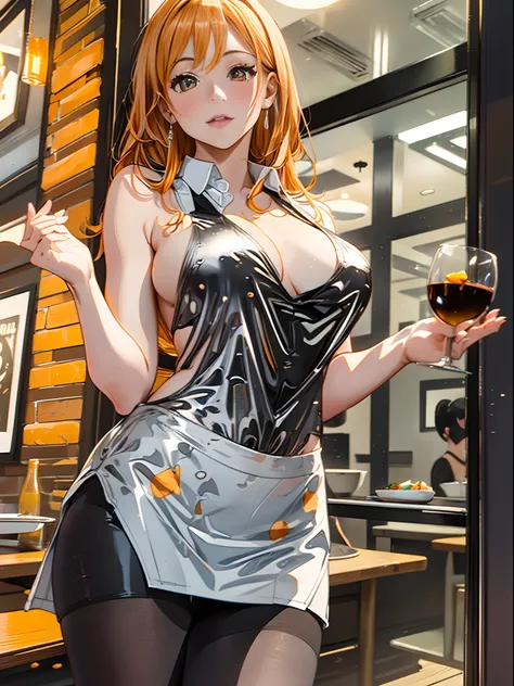 (restaurant, Waitress, standing, Tray in hand:1.2), (tight fit clothes:1.2), (Tight white vest:1.4), (Wear a white vest over a naked body:1.1), (Delicate orange-orange yoga miniskirt1.4), (Wear orange yoga shorts over pantyhose),(Owl print on vest), (Hang ...