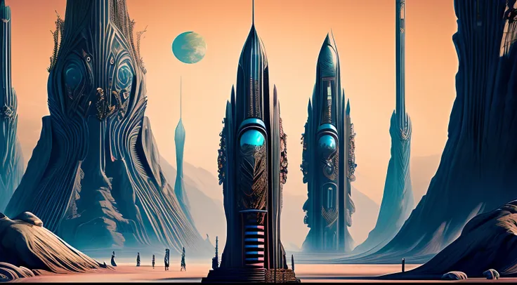 Humans in period costumes，alien worlds，Alien Babel Pillar，alien monster，Alien decadent landscape