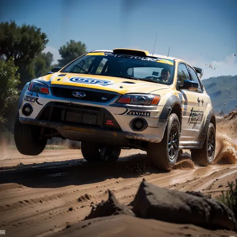 "Ford Focus Rally configuration, Intense action, adrenalinefilled, Mud splashes, High-speed stimulation, Rally cars fly in the dirt, Powerful engine roar, Precise operation, Dynamic angles, dust cloud, Sharp, A race against time，leap。"