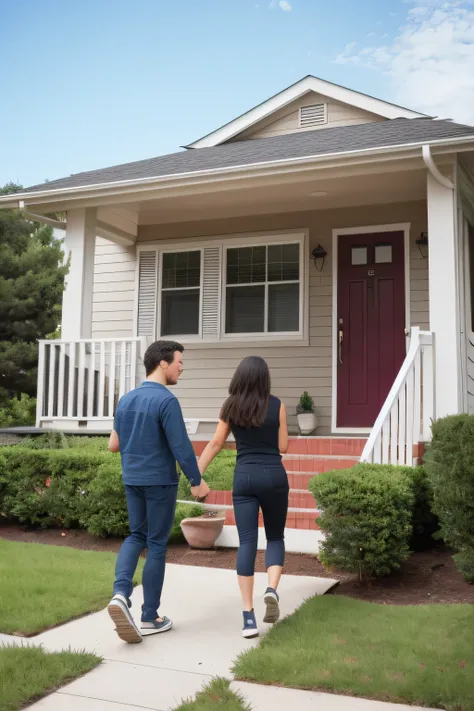 they are walking towards the house holding hands, people looking at a house, standing outside a house, in front of a two story house, couple walking hand in hand, man and woman walking together, with a front porch, in front of the house, commercial photo, ...