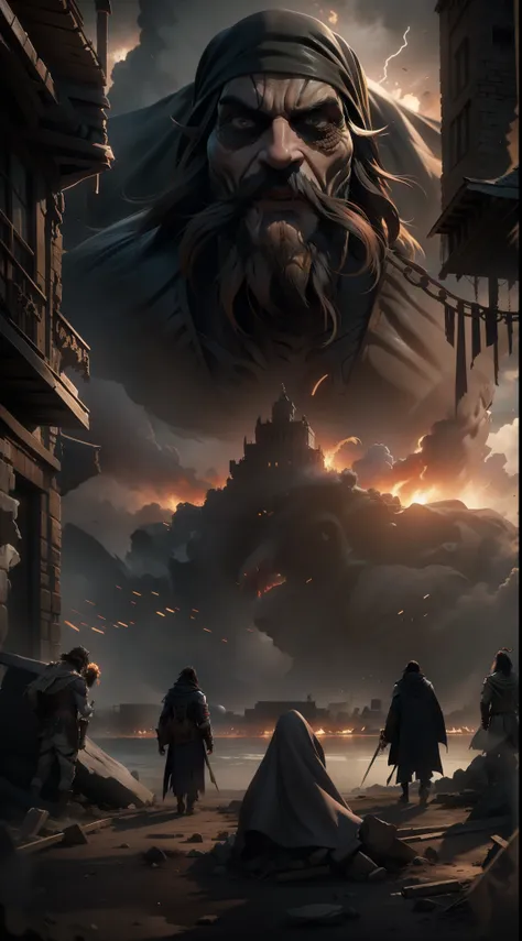 imagine giant blackbeard in "attack on titan": swelled up, his ominous aura looming large. towering with his dark cloak, multipl...