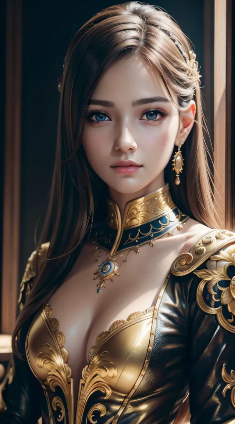 best quality, masterpiece, (realistic:1.2), 1 girl, brown hair, brown eyes, Front, detailed face, beautiful eyes, wear golden suit, best quality, masterpiece, (realistic:1.2), 1 girl, detailed face, beautiful eyes, [(Transparent background:1.5)::5], (((mas...