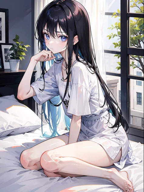 the girl with black hair，Thin stature，hair messy，Long hair，Small face，emaciated，Lying on the bed in the bedroom playing with your phone，White loose short sleeves，Bare legged，without wearing shoes，scruffy，with hair dishevelled，Various anime beauty figures a...