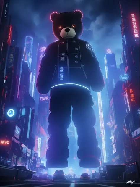 tmasterpiece，A 1,000m tall giant cute teddy bear in cyberpunk city，3Drenderingof,，The eyes glow red， Cloudy，raiden，Color grading, 5D, Hyper-Resolution, Sam, Cinematic lighting, realistic detail, Nikon 70-200mm f/2.8G