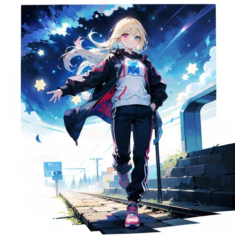 1girll，solo person，Medium long blonde hair，Strip dyeing，（Heterochromia，Pink eyes，（blue color eyes），Jacket，Wide-leg pants，（Powder blue star decoration），[White background 1：：5]，starryskybackground，meteors，Contre-Jour，Cold，（（full bodyesbian）），athletic sneaker...