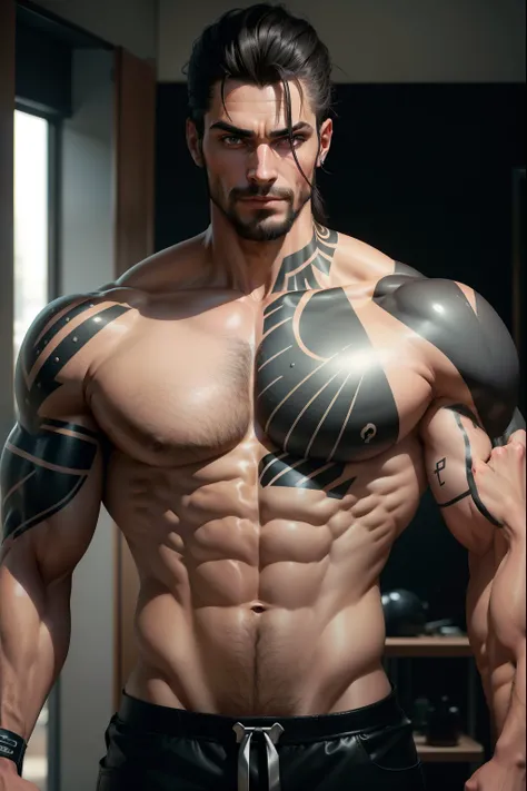 imagem de corpo inteiro de um homem alto na casa dos 30 anos, cabelo preto e curto, olhos azuis escuros, broad shoulders formed by strong muscles, coxas musculosas, tattoo of a hand from a skull protruding along his chest, com um sorriso felino e um olhar ...