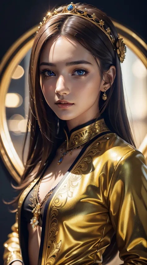 best quality, masterpiece, (realistic:1.2), 1 girl, brown hair, brown eyes, Front, detailed face, beautiful eyes, wear golden suit, best quality, masterpiece, (realistic:1.2), 1 girl, detailed face, beautiful eyes, [(Transparent background:1.5)::5], (((mas...