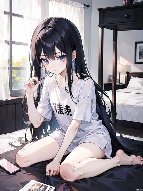 the girl with black hair，Thin stature，hair messy，Long hair，Small face，emaciated，Lying on the bed in the bedroom playing with your phone，White loose short sleeves，Bare legged，without wearing shoes，scruffy，with hair dishevelled，Various anime beauty figures a...