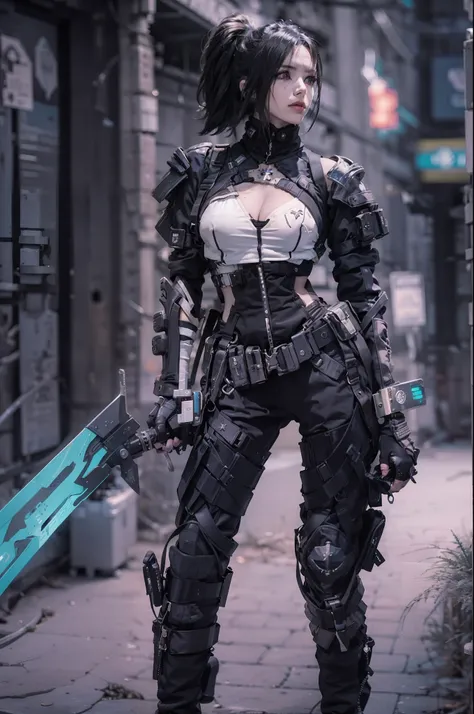 photorealism, urbansamurai_v0.3, style woman in white and black outfit holding a sword, wearing techwear and armor, photograph of a techwear woman, very beautiful cyberpunk samurai, cyberpunk style outfit, cyberpunk outfit, mystical post apocalyptic cyborg...