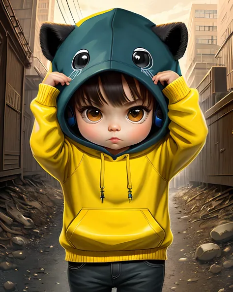 create a chibi panther with a hood and headphones yellow ultra realistic 4k