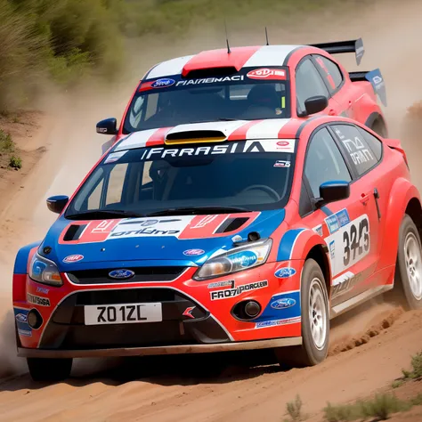 "Ford Focus Rally configuration, Intense action, adrenalinefilled, Mud splashes, High-speed stimulation, Rally cars fly in the dirt, Powerful engine roar, Precise operation, Dynamic angles, dust cloud, Sharp, A race against time."