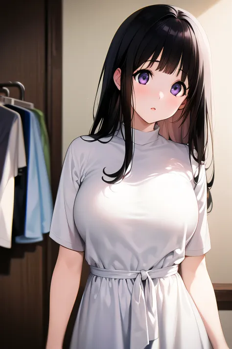 (a superb exquisite chitanda eru), purple eyes, black hair, natural straight hair, straight bangs, solo, ((in the cloth shop)), ...