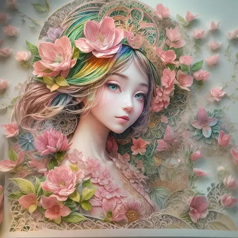 Rainbow Colors theme,(1 girl,Masterpiece peach blossom), (illustration:1.2,paper art:1.2, zentangle:1.2, geomerty:1.2,a 3D render),(Best quality, Detailed details, Masterpiece, offcial art, movie light effect, 4K, Chiaroscuro)