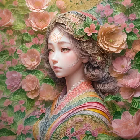 Rainbow Colors theme,(1 girl,Masterpiece peach blossom), (illustration:1.2,paper art:1.2, zentangle:1.2, geomerty:1.2,a 3D render),(Best quality, Detailed details, Masterpiece, offcial art, movie light effect, 4K, Chiaroscuro)