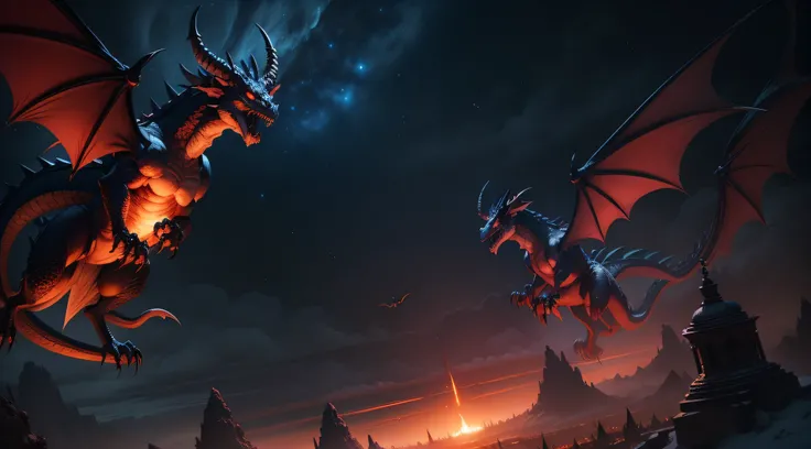 So many Evil Dragons Flying at Night Sky, Devils, Ogre, Demon, Photo Manipulation, Masterpiece, Good Lighting Effect, Mid Journey Style, 5D Render, 5D Rendering Quality, 4K.