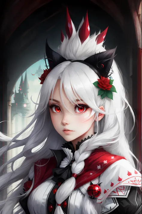 Female White long hair, two-dimensional red eyes, full body, royal sister