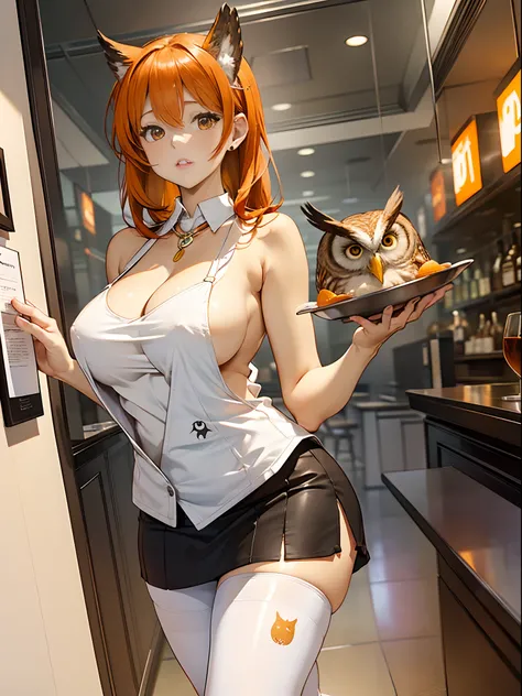 restaurant, Waitress, standing, Tray in hand:1.2), (tight fit clothes:1.2), (Tight white vest:1.4), (Wear a white vest over a naked body:1.1), (Delicate orange-orange lingerie miniskirt1.4), (Wear a short skirt with big orange breasts over pantyhose),(Owl ...