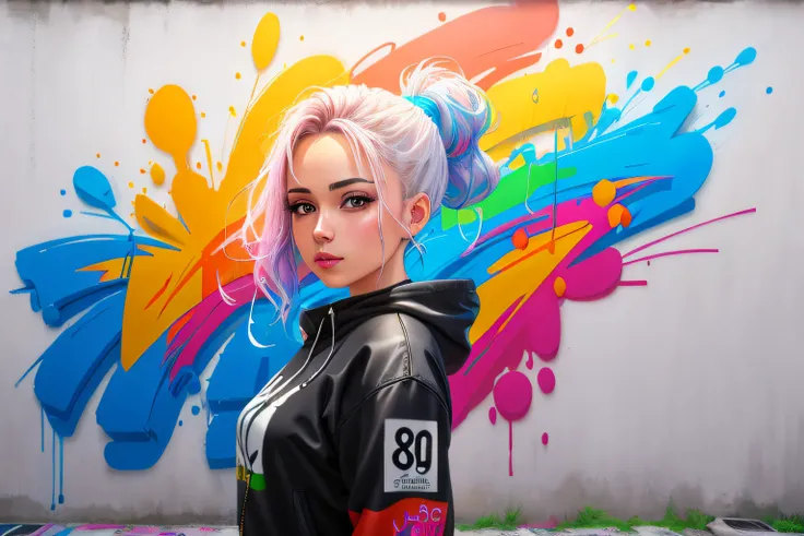 Graffiti painting, street art, 8k wallpaper extremely detailed CG unit, 8k landscape, artwork, masterpiece, best quality, amazing light brush strokes, of a woman in graffiti style on a white wall with vibrant colors.