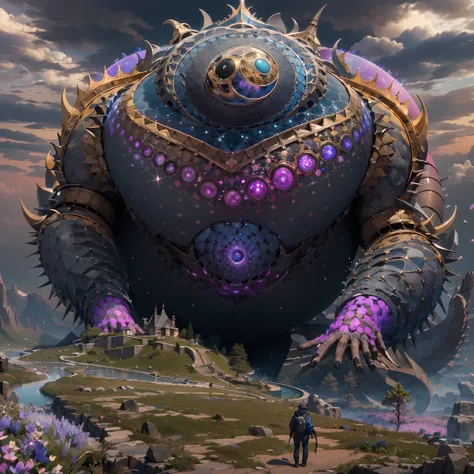 Monstruo gigante mirando hacia abjao en un paisaje de otro mundo,Gigante echo de fractales, Fractal infinito,fractal de Mandelbrot, divino, Figura imponente humanoide, masivo,escala masiba, mirando hacia abajo, de pie, inmenso, apocalyptic, colorido, iridi...