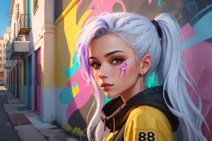 Graffiti painting, street art, 8k wallpaper extremely detailed CG unit, 8k landscape, artwork, masterpiece, best quality, amazing light brush strokes, of a woman in graffiti style on a white wall with vibrant colors.