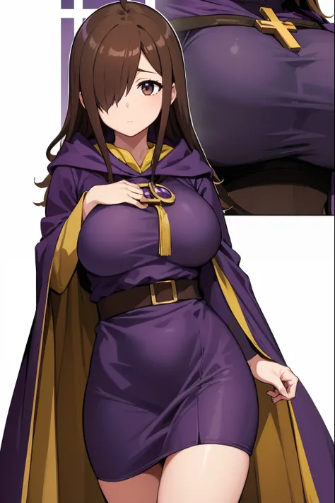 Konosbawiz, Wiz, Ahoge, (Brown eyes:1.7), light brown hair, (Hair over one eye:1.5), Long hair, (large full breasts:1.2),
Blake Cross, Dress, hoods, Hood down, Jewelry, Latin Cross, long-one-piece dress, Long sleeves, (Purple Dress:1.5), robe, (Purple robe...