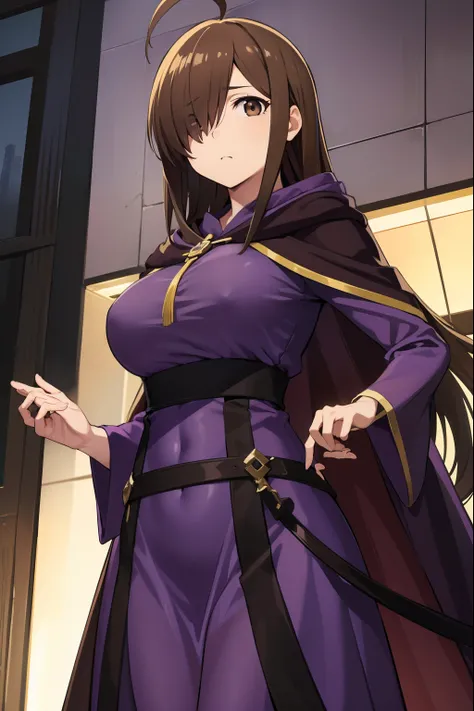 Konosbawiz, Wiz, Ahoge, (Brown eyes:1.7), light brown hair, (Hair over one eye:1.5), Long hair, (large full breasts:1.2),
Blake Cross, Dress, hoods, Hood down, Jewelry, Latin Cross, long-one-piece dress, Long sleeves, (Purple Dress:1.5), robe, (Purple robe...