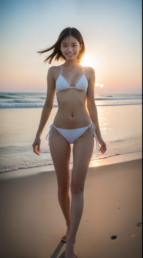 stare at the sunset ,japanese extra cute ladies,bob hair,3 people,whole body composition,white bikini,idol,shiny skin,detailed skin,super real human face,age20,drinking a mojito,wear tiny bikini,on summer beach,extremely detailed body,hair fluttering in th...