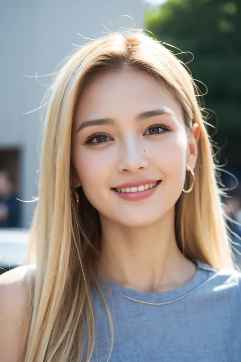 best quality, masterpiece, Highres, busy street shoot, chinese lady,  happy and smile, Beautiful and perfect face, long blonde hair with Layer Cut, Simple and tight dress, Complex Details, Cinematic feel, 8K, highlydetailed、Big boobs、Shot from the waist up...