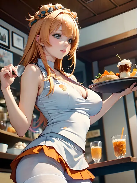 restaurant, Waitress, standing, Tray in hand:1.2), (tight fit clothes:1.2), (Tight white vest:1.4), (Wear a white vest over a naked body:1.1), (Delicate orange-orange lingerie miniskirt1.4), (Wear a short skirt with big orange breasts over pantyhose),(Owl ...