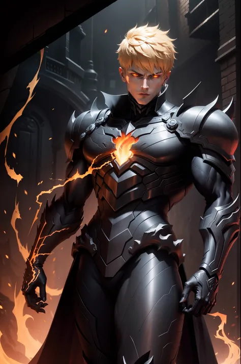 Full body scene Genos handsome man handsome face blond hair, black fire reflective body, red eyes, alduin, darksiders style, darksiders art style, crazy guts, red sharp eyes, black alcalagon.