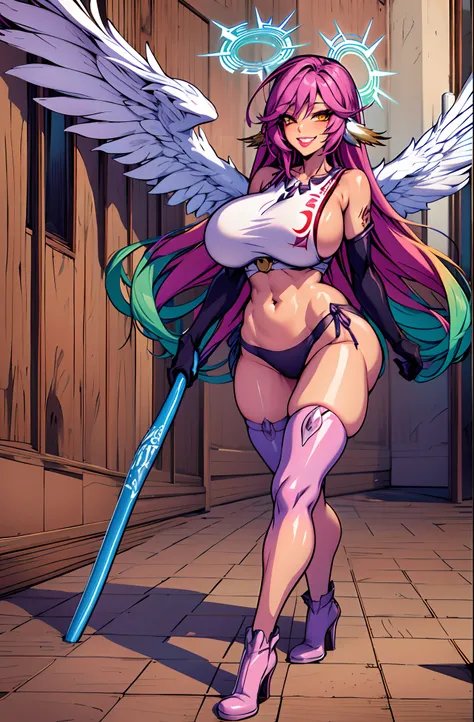 jibril 1girl, solo, long hair, breasts, sideboob, halo, pink hair, pink stocking, low wings, compass rose halo, wings, navel, book, gloves, bird ears, midriff, magic circle, asymmetrical legwear, angel, angel wings, animal ears, very long hair, yellow eyes...