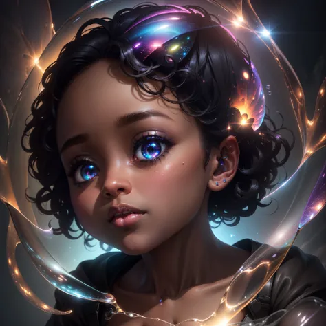 A beautiful black baby floating in the sky among the clouds surrounded by prism lit bubbles,   with iridescent light, highly detailed images, vibrant beautiful colours, photorealistic image, 8k, ultra HD, unreal engine rendered, cinematic lighting, artgerm...