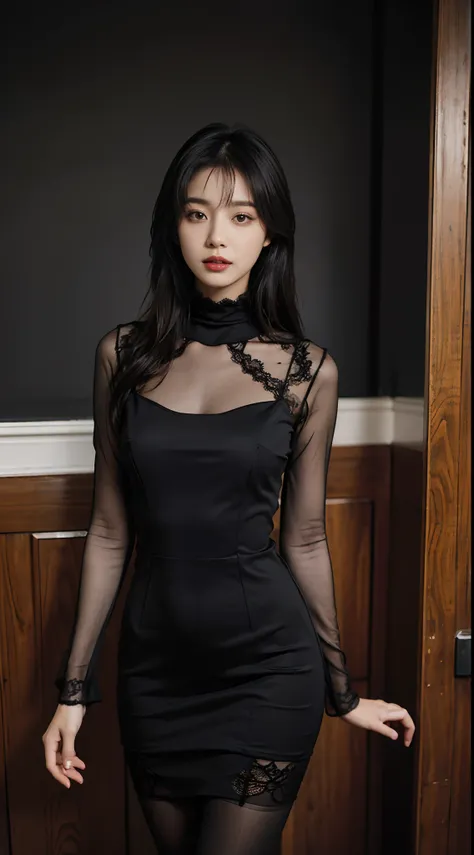 tmasterpiece，best qualtiy，8k wallpaper，Ultra-detailed details，The details are complex，(Photorealistic:1.4)，1girll，Korean female model，Wearing a black dress and high heels, （Wearing brown 10d stockings，Brown 10d pantyhose：1.5），Black lace dress, Dressed in b...