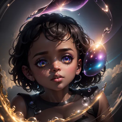 A beautiful black baby floating in the sky among the clouds surrounded by prism lit bubbles,   with iridescent light, highly detailed images, vibrant beautiful colours, photorealistic image, 8k, ultra HD, unreal engine rendered, cinematic lighting, artgerm...