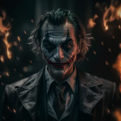 dark and gloomy, 8k, a close up photo of the joker with flames behind him,
lifelike texture, dynamic composition, Fujifilm XT3, 85mm F1.2,
1/80 shutter speed, bokeh, high contrast