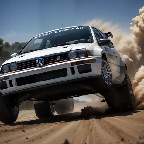 "Volkswagen Golf Rally configuration, Intense action, adrenalinefilled, Mud splashes, High-speed stimulation, Rally cars fly in the dirt, Powerful engine roar, Precise operation, Dynamic angles, dust cloud, Sharp, A race against time."