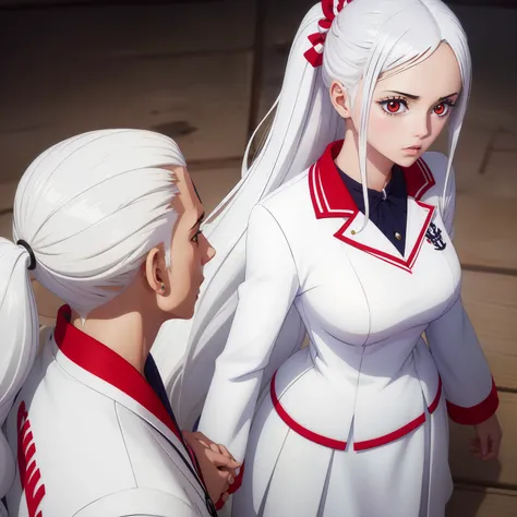 "(White-haired figures:1.2)，(Meticulous depiction:1.1)，a sailor suit，long whitr hair，Tsundere，Red eyes"teens girl"