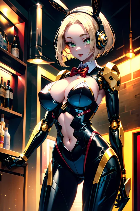 beautiful mechanical woman, solo, (half closed eyes, green eyes), (masterpiece eyes:1.3), BREAK, seductive smile, (mechanical bunny girl: 1.3), (black exoskeleton leotard: 1.3), (golden color mechanical joints, mechanical arms, mechanical legs:1.3), (expos...