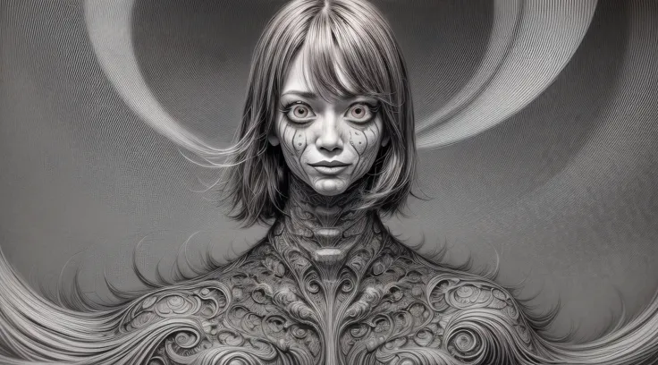 a black and white drawing of a woman standing on a monster , junji ito 4 k, junji ito artwork, pixivs and junji ito, inspired by Junji Ito, horror illustration, art style of junji ito, subtle junji ito, detailed 4k horror artwork, in style of junji ito, ju...